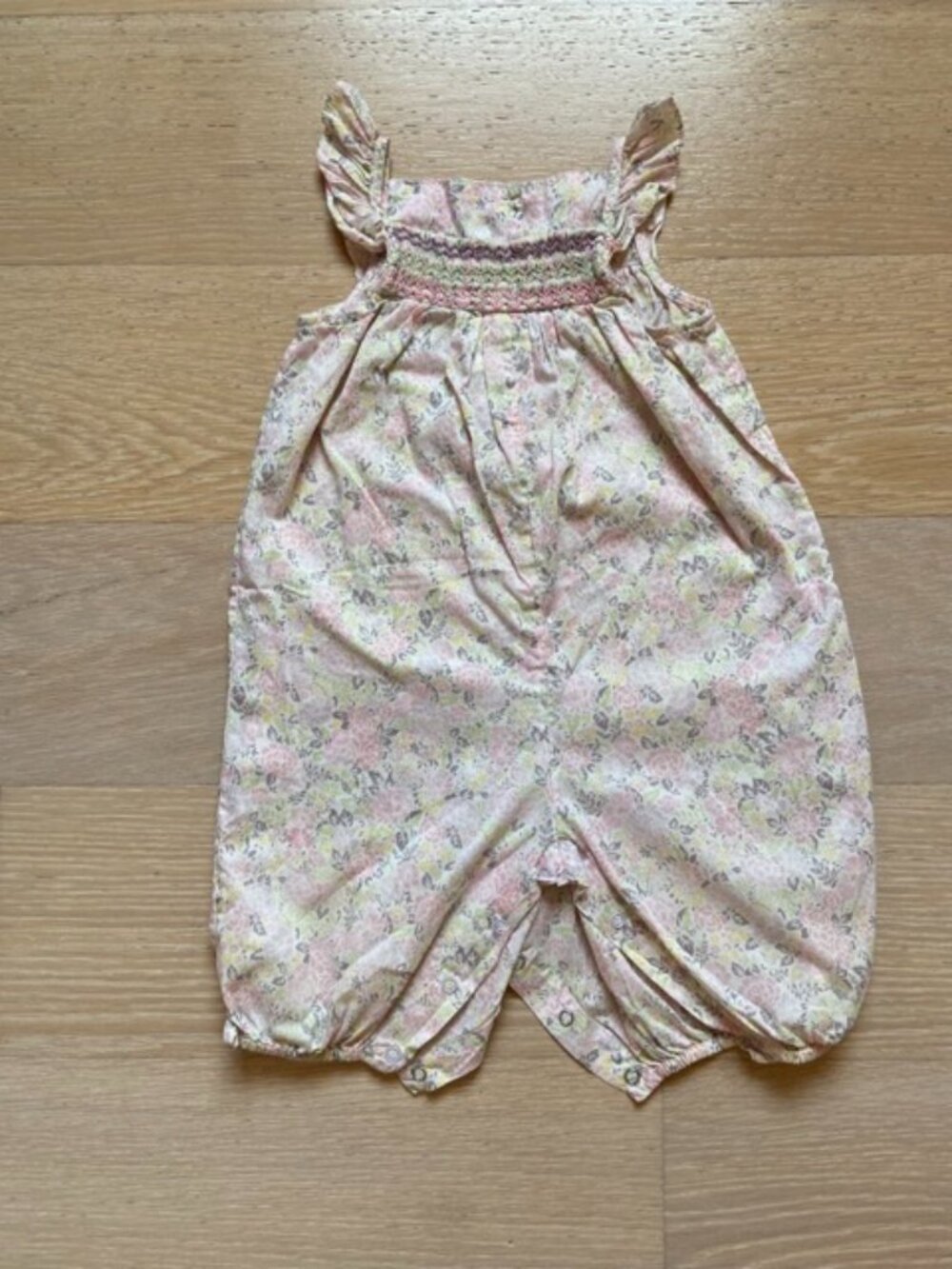 Jacadi, Baby Romper size: 6M, pink floral print, smock embroidered collar